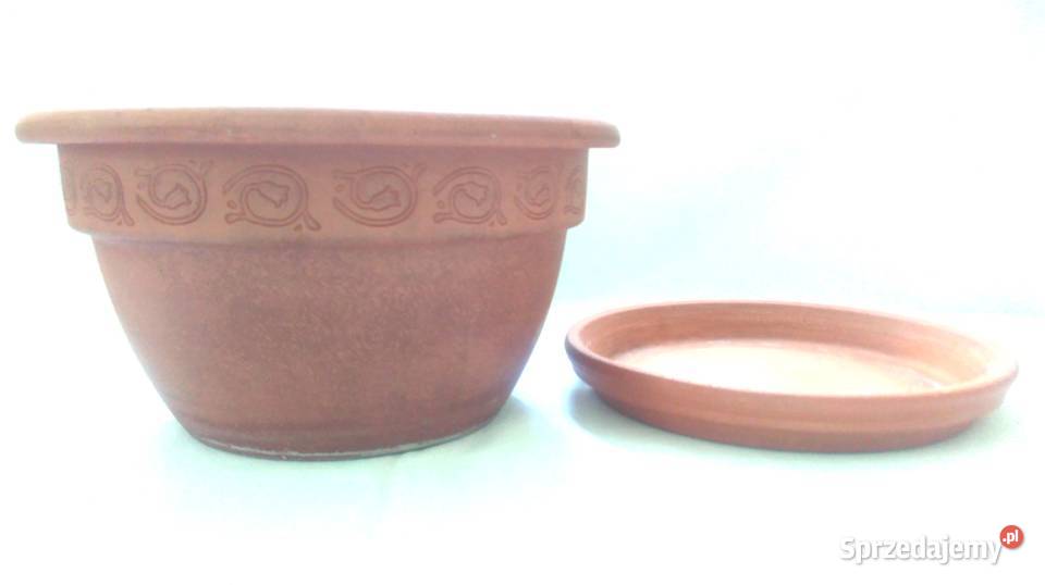 Doniczka brąz DUŻA Podstawka glina Wzór stan Białystok