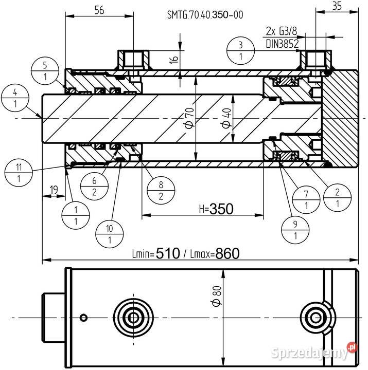 SIŁOWNIK HYDRAULICZNY SMTG 70x40 SKOK 350 Solec Kujawski