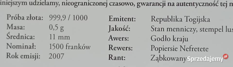 Złota moneta 1500 franków 2007rNefretete Próba Mosina