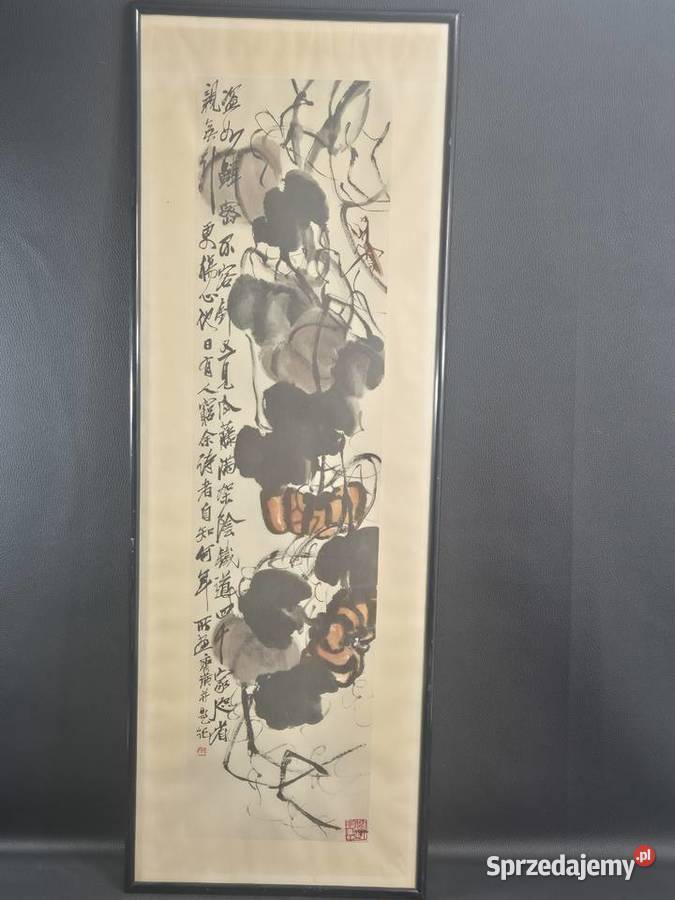 Chiński obraz gwaszowy Baishi i winorośl ok 1920 Poddębice