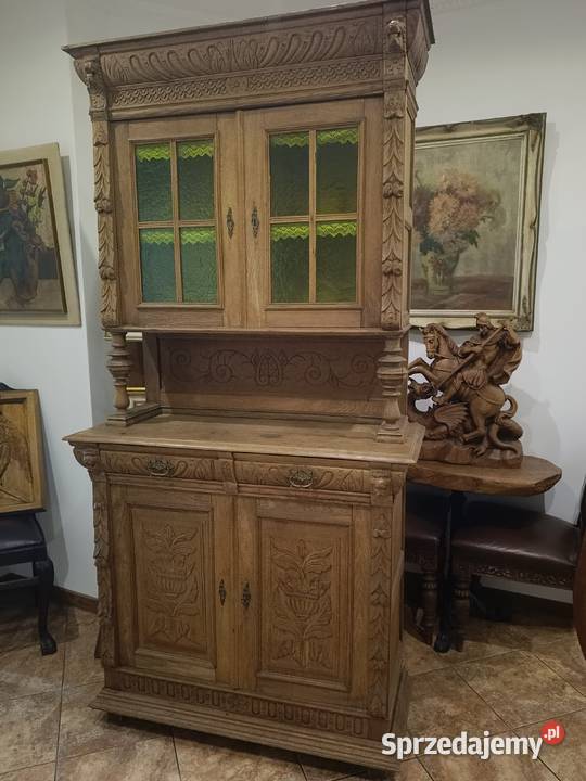 Stary przedwojenny drewniany rzeźbiony kredens 228cm Lipno sprzedam