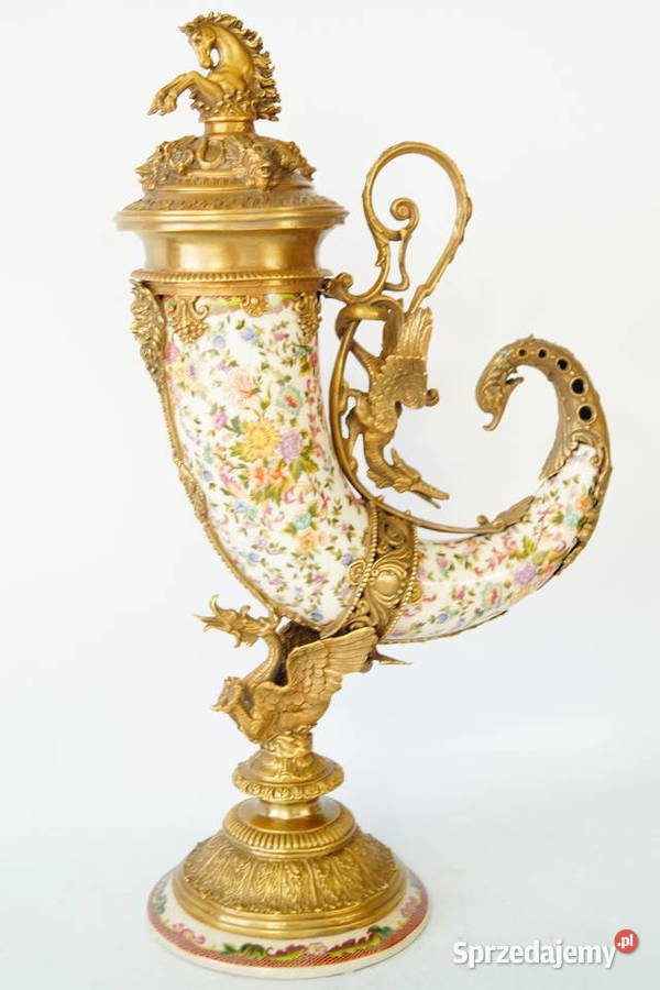 Piękny róg obfitości porcelana z brązem kwiaty wielkopolskie Gizałki