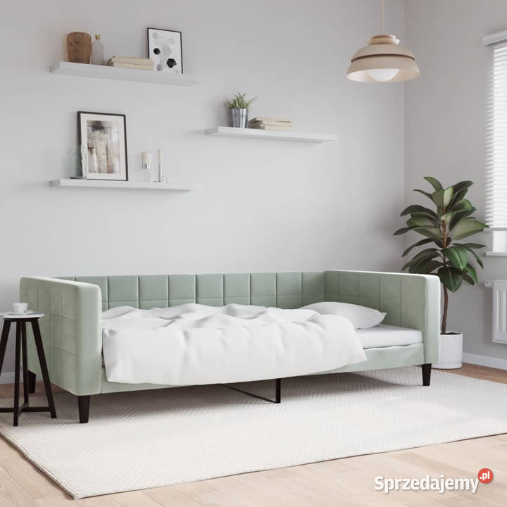 Sofa z funkcją spania jasnoszara obita aksamitem Łóżka mazowieckie Warszawa