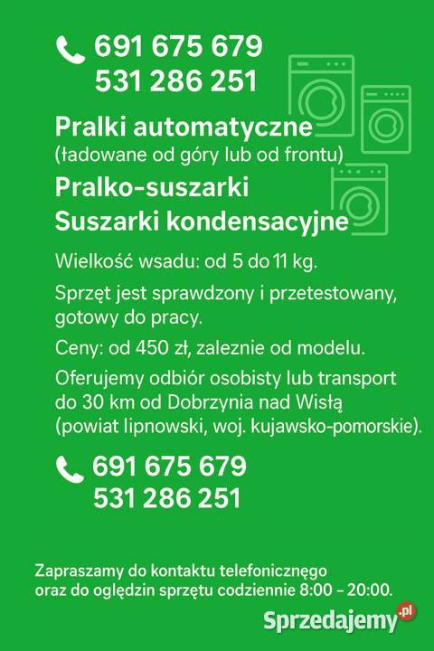 Używane pralki pralkosuszarki suszarki gwarancja Dobrzyń nad Wisłą