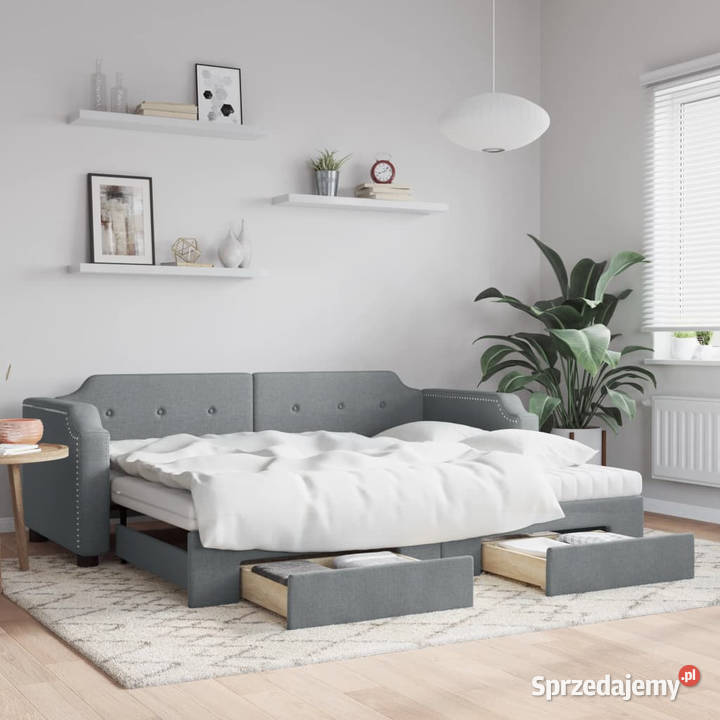 Sofa rozsuwana z szufladami jasnoszara tkanina mazowieckie