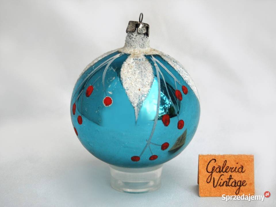 Stara bombka szklana ręcznie malowana niebieska Boże Narodzenie lubelskie Lublin