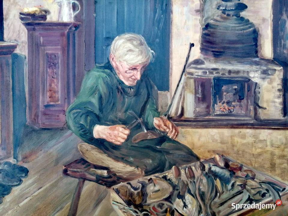 Obraz olejny Warsztat szewca pracy Antyki, Sztuka, Kolekcje łódzkie Łódź