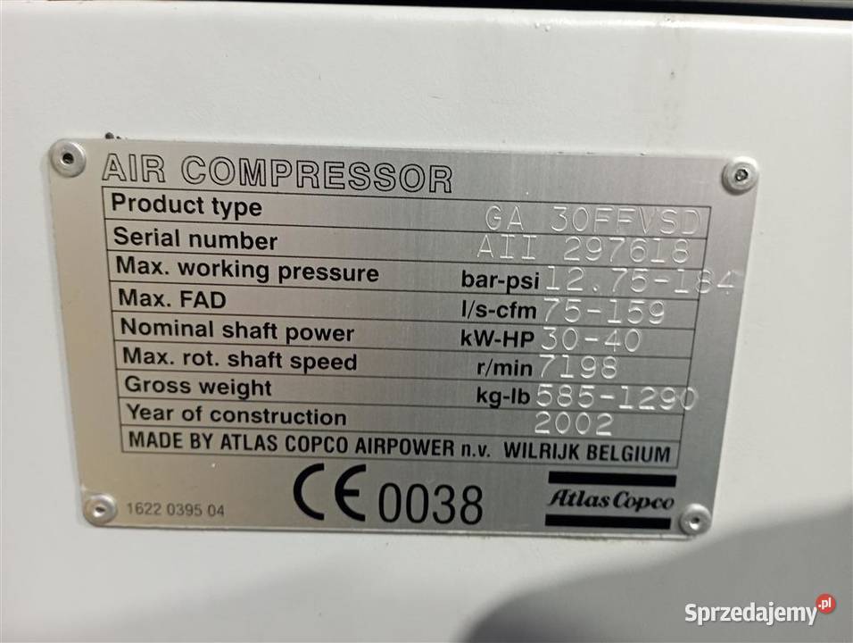 Sprężarka śrubowa ATLAS COPCO GA30VSDFF 30kW opolskie