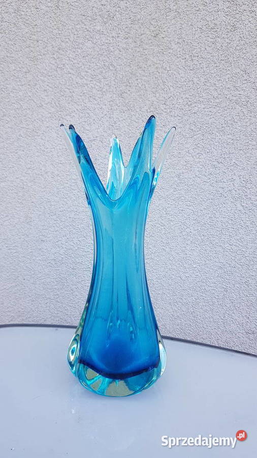 Stary szklany turkusowy wazon z PRL Myszków