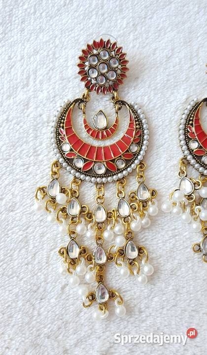 Długie kolczyki czerwony złoty kolor indyjskie Szczecin