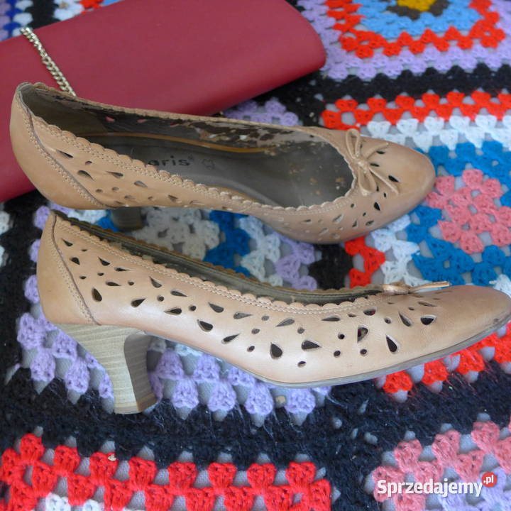 TAMARIS ażurowe czółenka retro skórzane beż nude Tamaris