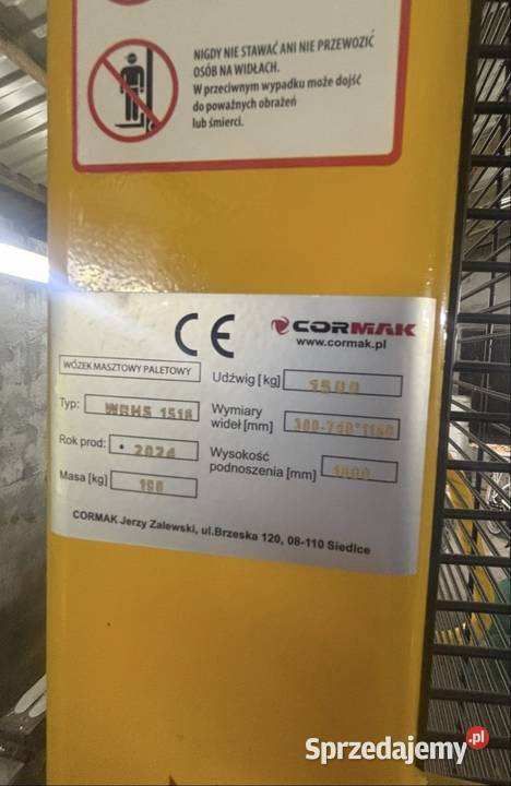 Sprzedam wózek paletowy masztowy Cormark WRHS Działoszyce
