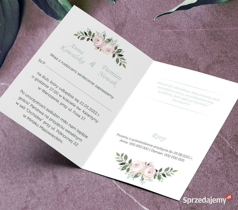 Kwiatowe zaproszenia ślubne butelkowa zieleń Siedlce