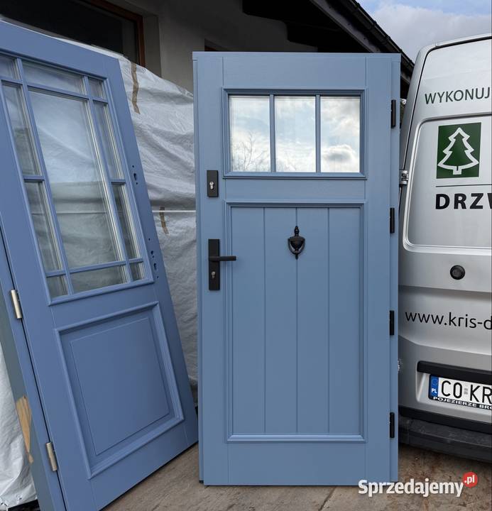 Drzwi zewnętrzne drewniane RĘKI niebieskie Kraków