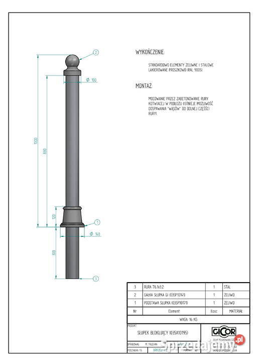 SŁUPEK BLOKUJĄCY TYP RI H1000mm Gołdap