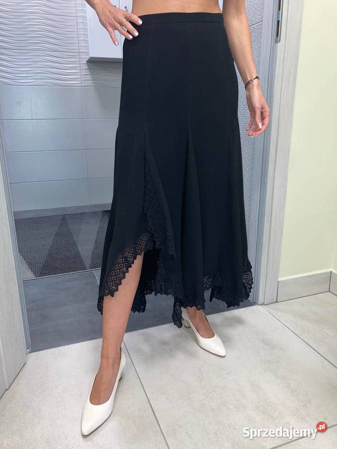 Czarna asymetryczna spódnica vintage koronka 38 Nisko