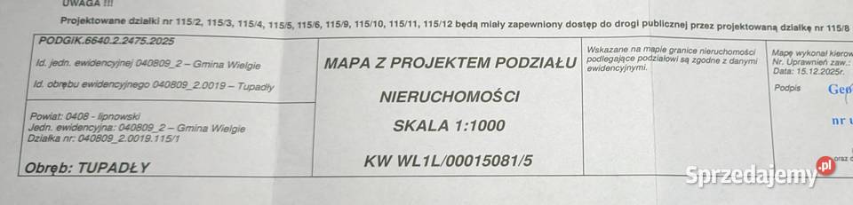 Działka budowlana 1167 m2 Tupadły gmina Wielgie kujawsko-pomorskie