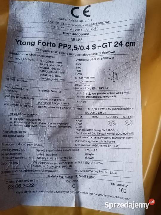 Bloczek komórkowy YTONG FORTE PP2504 SGT 24 dolnośląskie Ścięgny