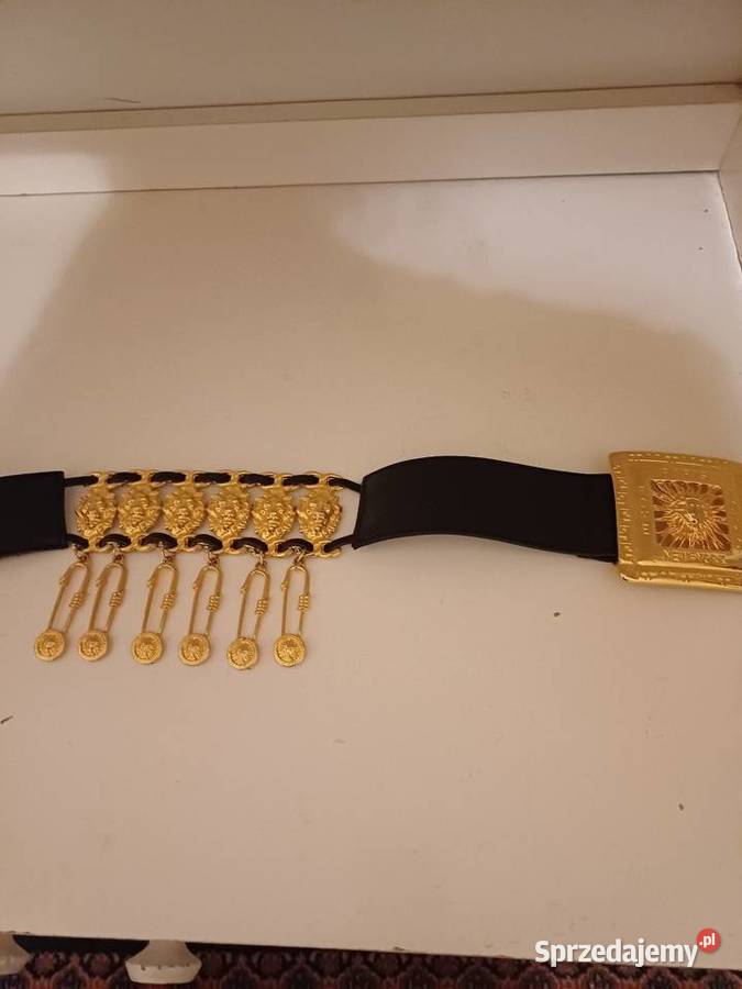 Ozdobny czarny pasek złota klamra głowy tygrysów Gdynia sprzedam