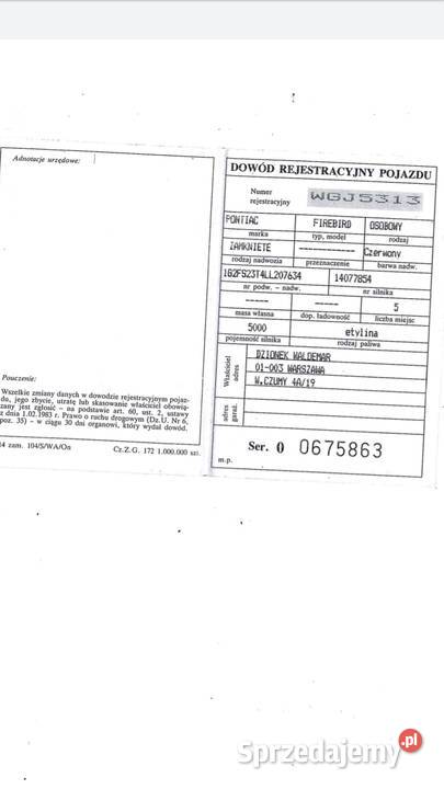 Syndyk sprzeda samochód marki Pontiac Firebird automatyczna Warszawa