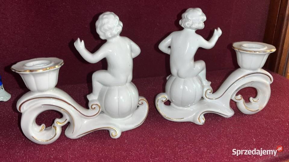 2Białe świeczniki z Putto lustrzane kominkowe Gdańsk