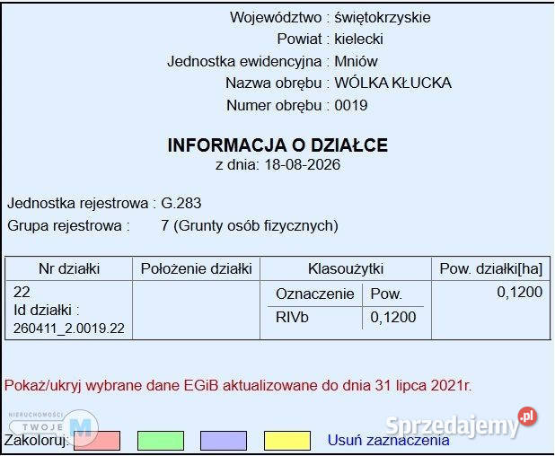 Grunt 1200m2 Mniów świętokrzyskie