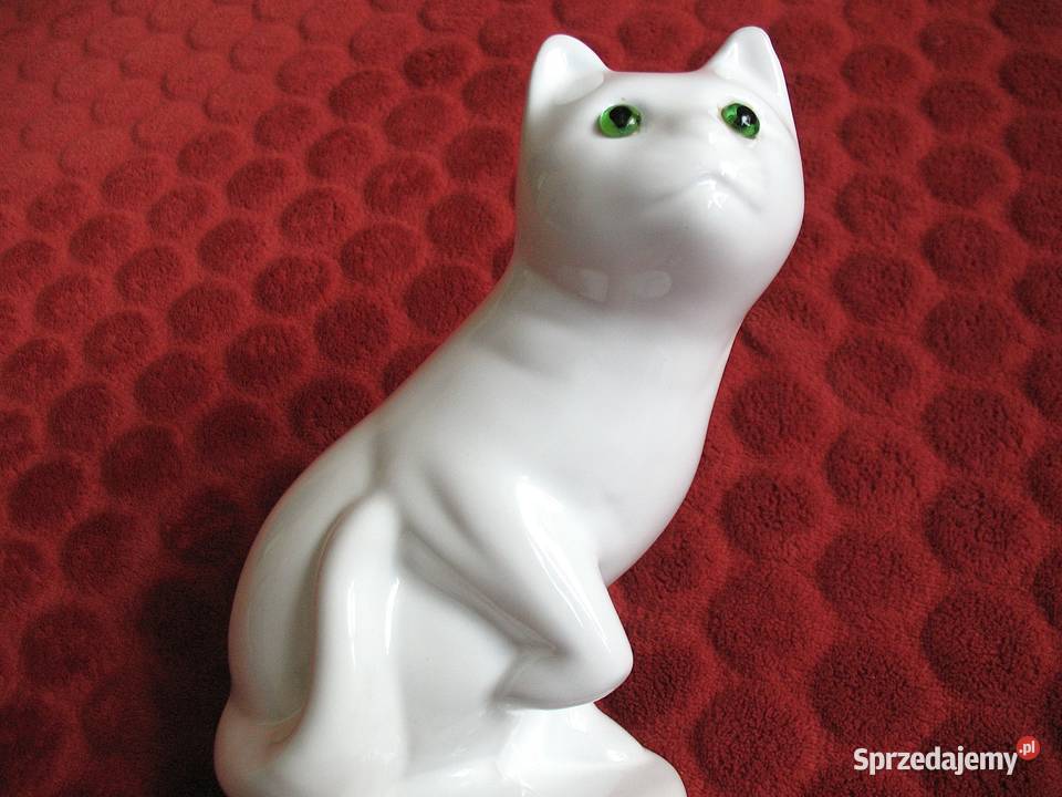 Kot biały duży z zielonymi oczami Porcelana 18 x Figurki i rzeźby