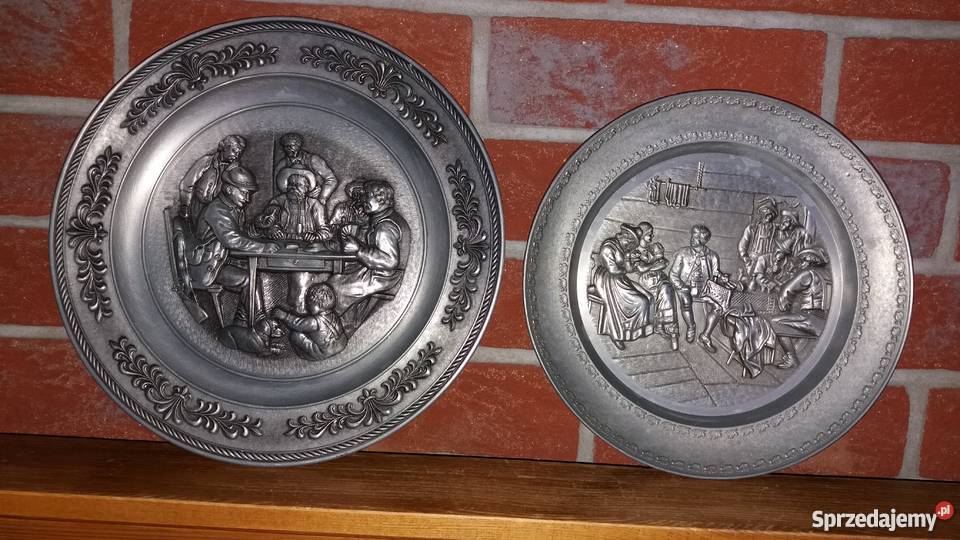 Płaskorzeźbacynowe talerzemotyw myśliwski Lubień sprzedam