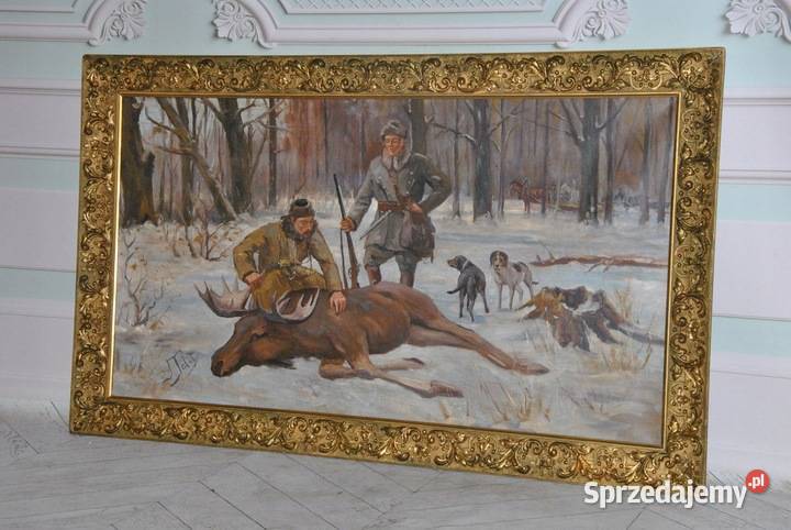 J Fałat Nieśwież Myśliwi Upolowany Łoś Zima Obrazki i obrazy Kraków