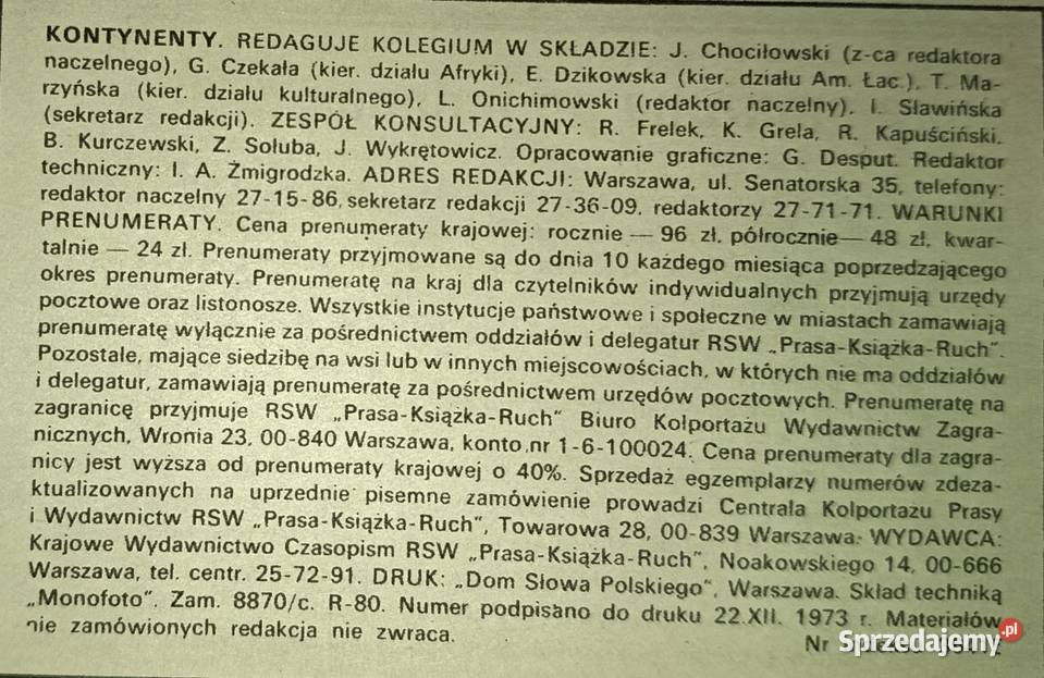 czasopismo miesięcznik magazyn Kontynenty 1974