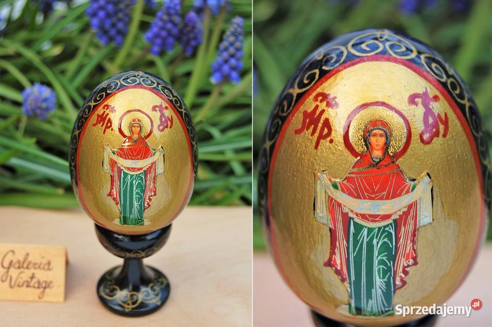 Drewniana pisanka na nóżce Rosja ikona Matka Lublin