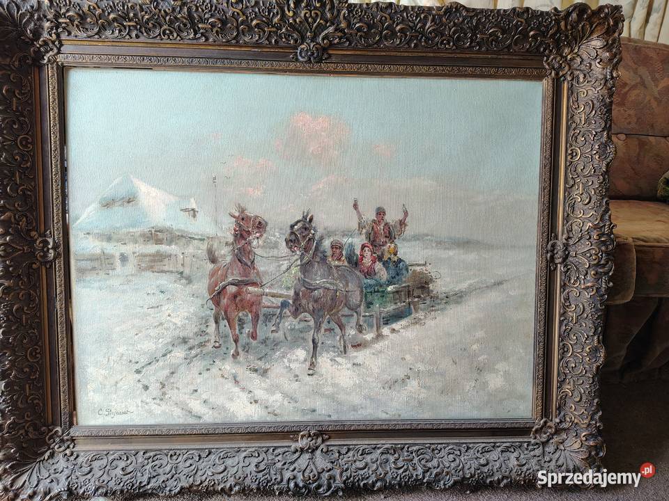 Stary obraz olejny Zimowa sanna Malarstwo Kartuzy sprzedam