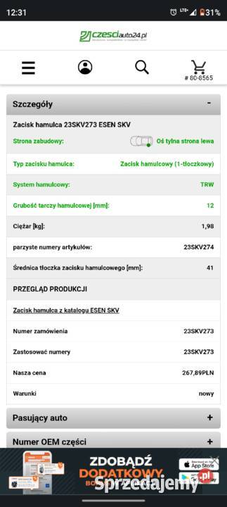 Zacisk hamulcowy 23skv273 golf 5 audi a3 touran dolnośląskie Kłodzko