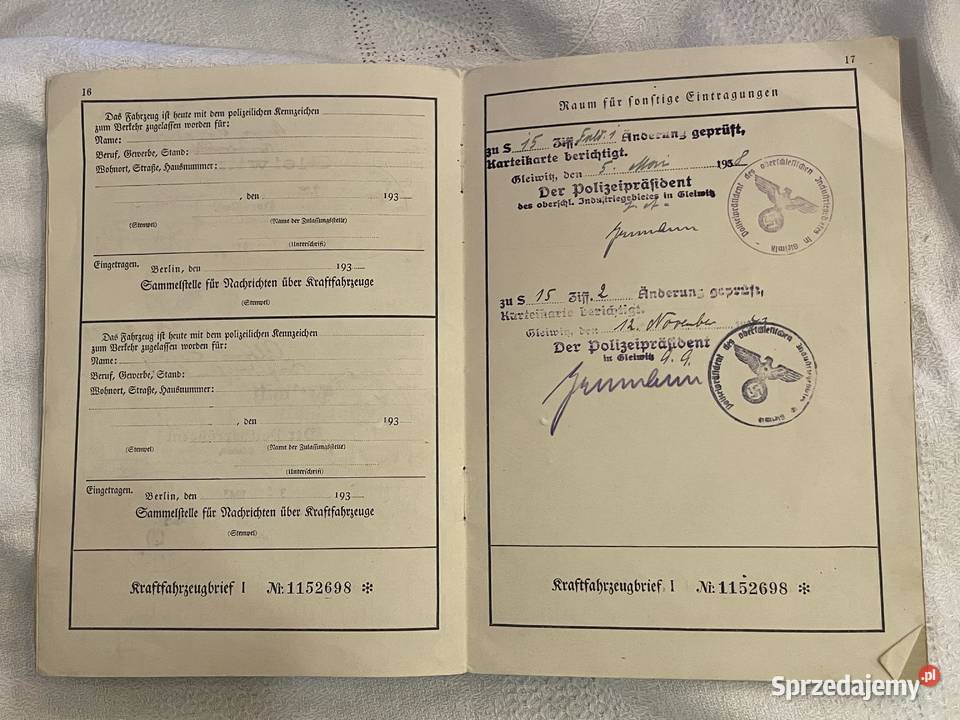 Kraftfahrzeugbrief I Niemiecki Dowód małopolskie Kraków
