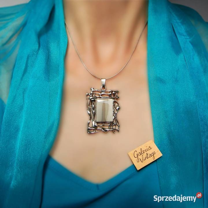 Wisior prostokątny krzemień pasiasty szary Lublin