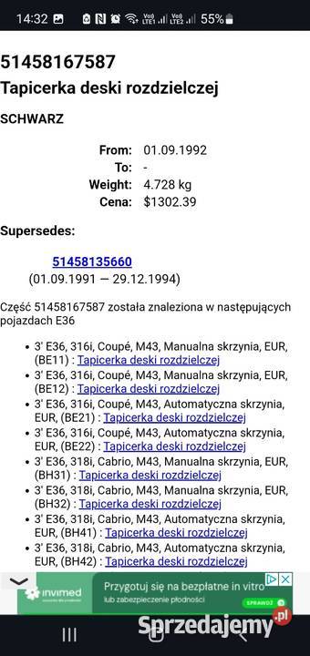 Deska rozdzielcza schowek BMW e36 19911994 Motoryzacja wielkopolskie Lusowo