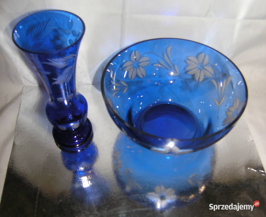 wazon i miska szkło kobaltowe vintage PRLD Porcelana i szkło Bartków