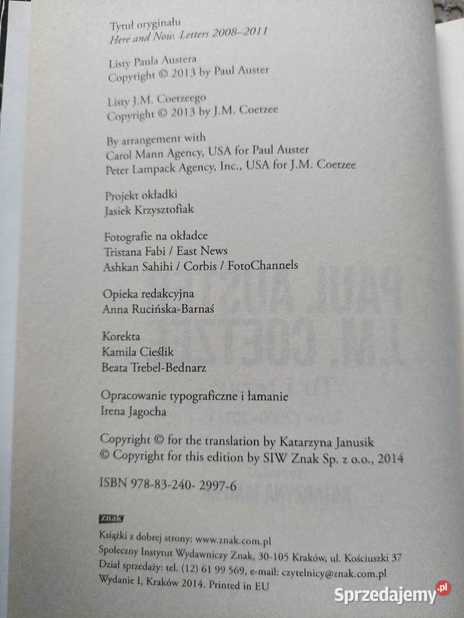 nowa Paul Auster JM Coetzee Tu i teraz Listy Kraków sprzedam