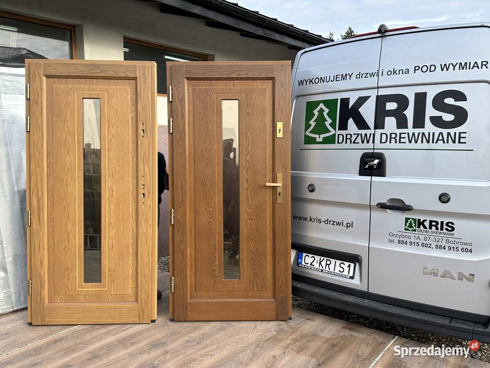 Drzwi drewniane zewnętrzne z klamką schlage CAŁA Poznań