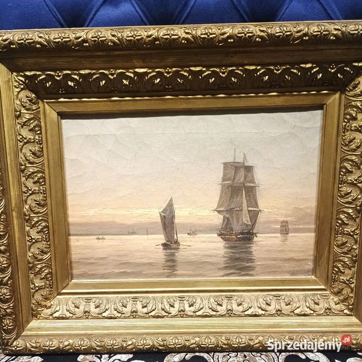 Olej na płótnie żaglowce podpisany XIXXX złota Bronisze