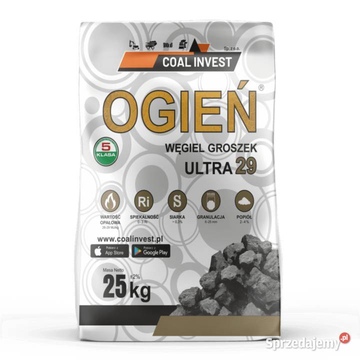 Węgiel groszek OGIEŃ Ultra 2629MJ worki 25 1t Będków