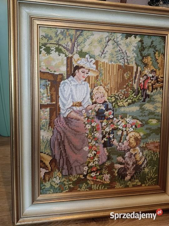 Gobelin krzyżykowy w ramie Odpoczynek w ogrodzie Lipno