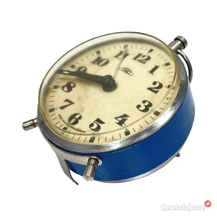 Niebieski mechaniczny budzik z uchwytem PRIM metal Warszawa