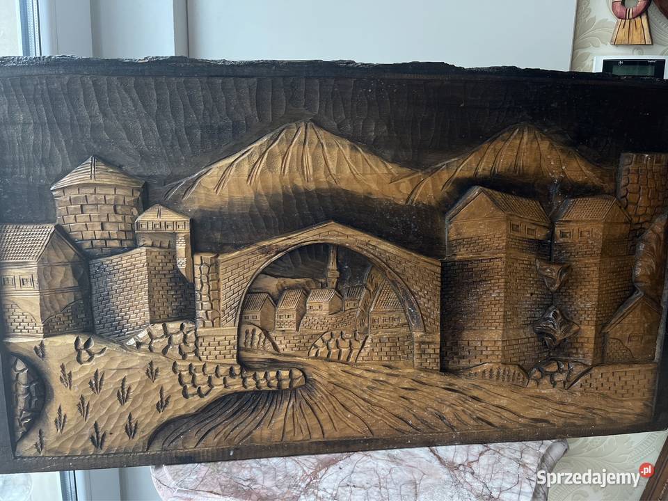 Rękodzieło obraz rzeźbiony na deskach relief Bystrzyca Kłodzka
