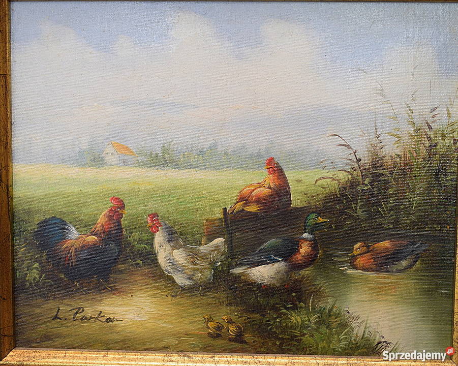 DWA UROCZE OBRAZKI OBRAZ OLEJ NA PŁÓTNIE RAMA Antyki, Sztuka, Kolekcje