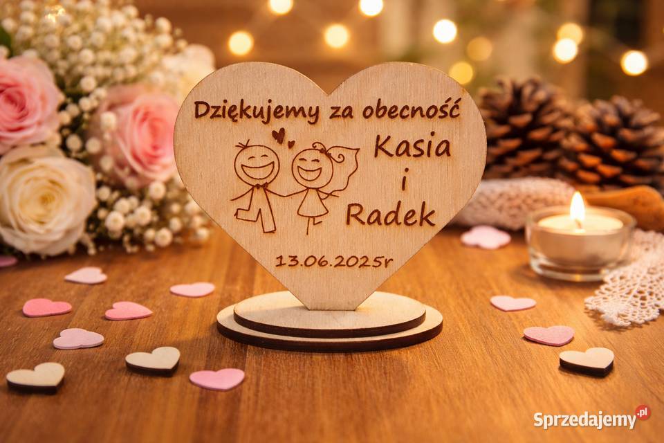 Drewniane serce z podziękowaniem gości