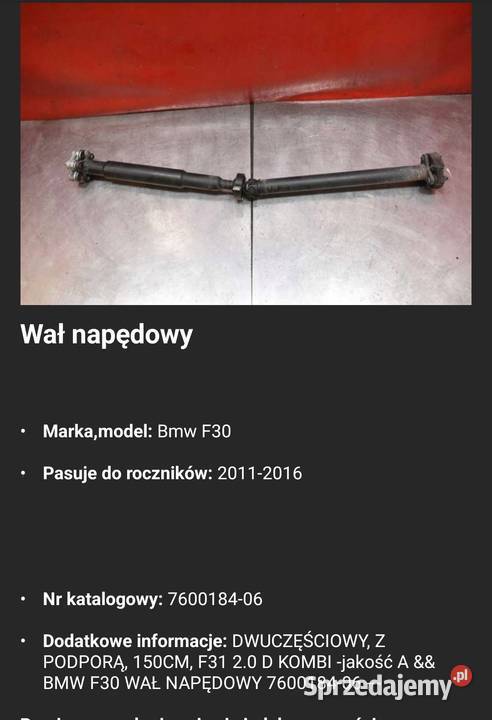 Wał napędowy BMW F31 20D 760018406 Lubin