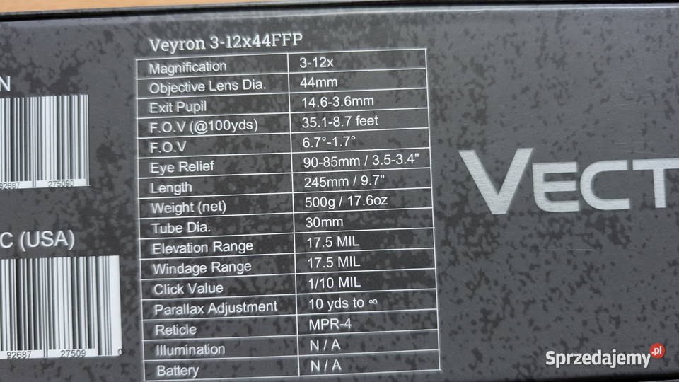 Luneta Vector Optics Veyron 312x44 FFP Sporty strzeleckie i myślistwo Tychy