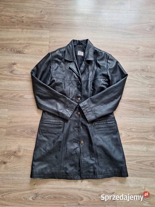 Piękny czarny skórzany czarny płaszcz skóra Kurtki i płaszcze Kraków