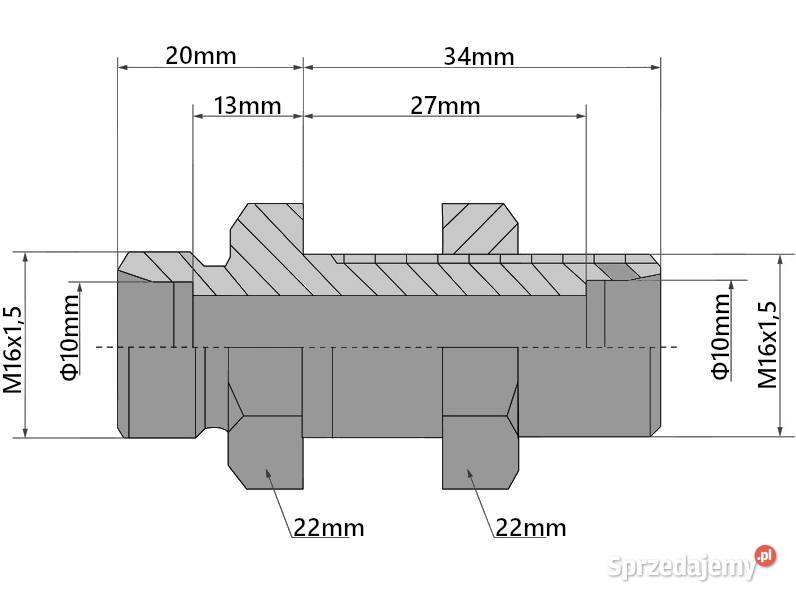 Nypel Złącze GRODZIOWE PROSTE M16x15 KLUCZ 22mm